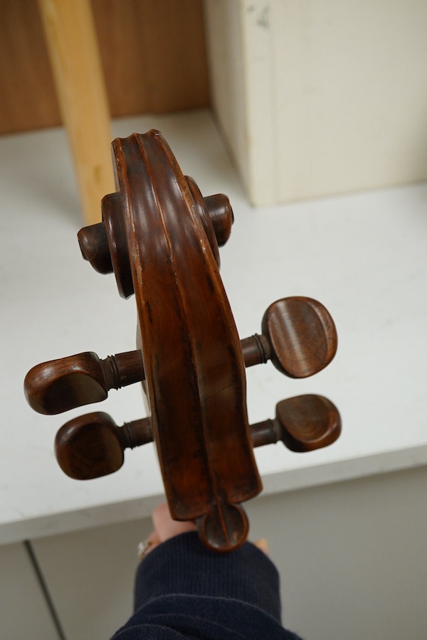 An early 19th century English cello for restoration, body length 74.5cm, together with an ebonised wood W.E. Hill & Sons case. Condition - poor to fair.